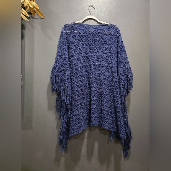 Midnight Dark Blue Shimmer Sparkle Poncho Cape Shawl Knit Side Fringe OS - Picture 1 of 8